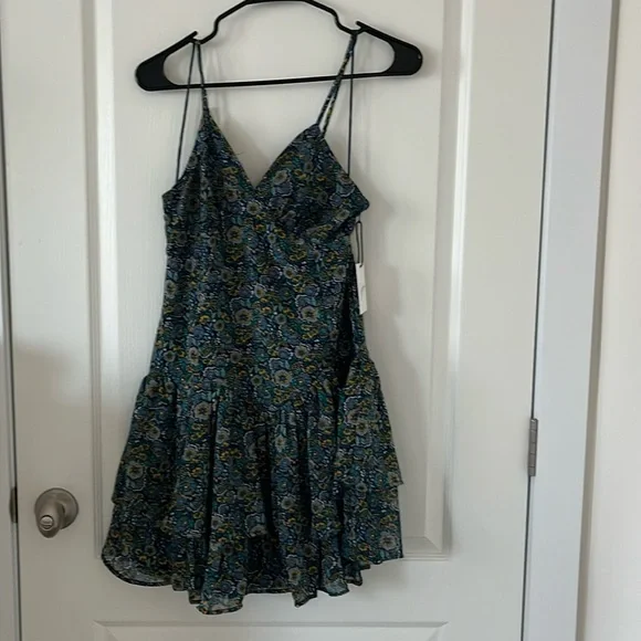 JAPNA Blue Floral Drop Waist Ruffle Hem Mini Sleeveless Boho Dress Sz Small - Picture 2 of 9